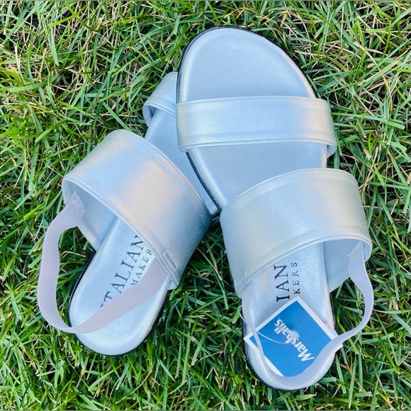 NWT Women Sz-6.5 ITALIAN SHOEMAKERS- Silver Flats Open Toe & Elastic Heal Straps - Picture 6 of 16